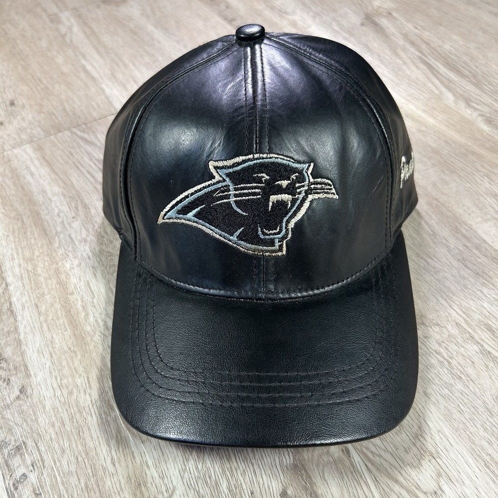 VTG Carolina Panthers Strapback Hat Black Leather Cap Made in USA